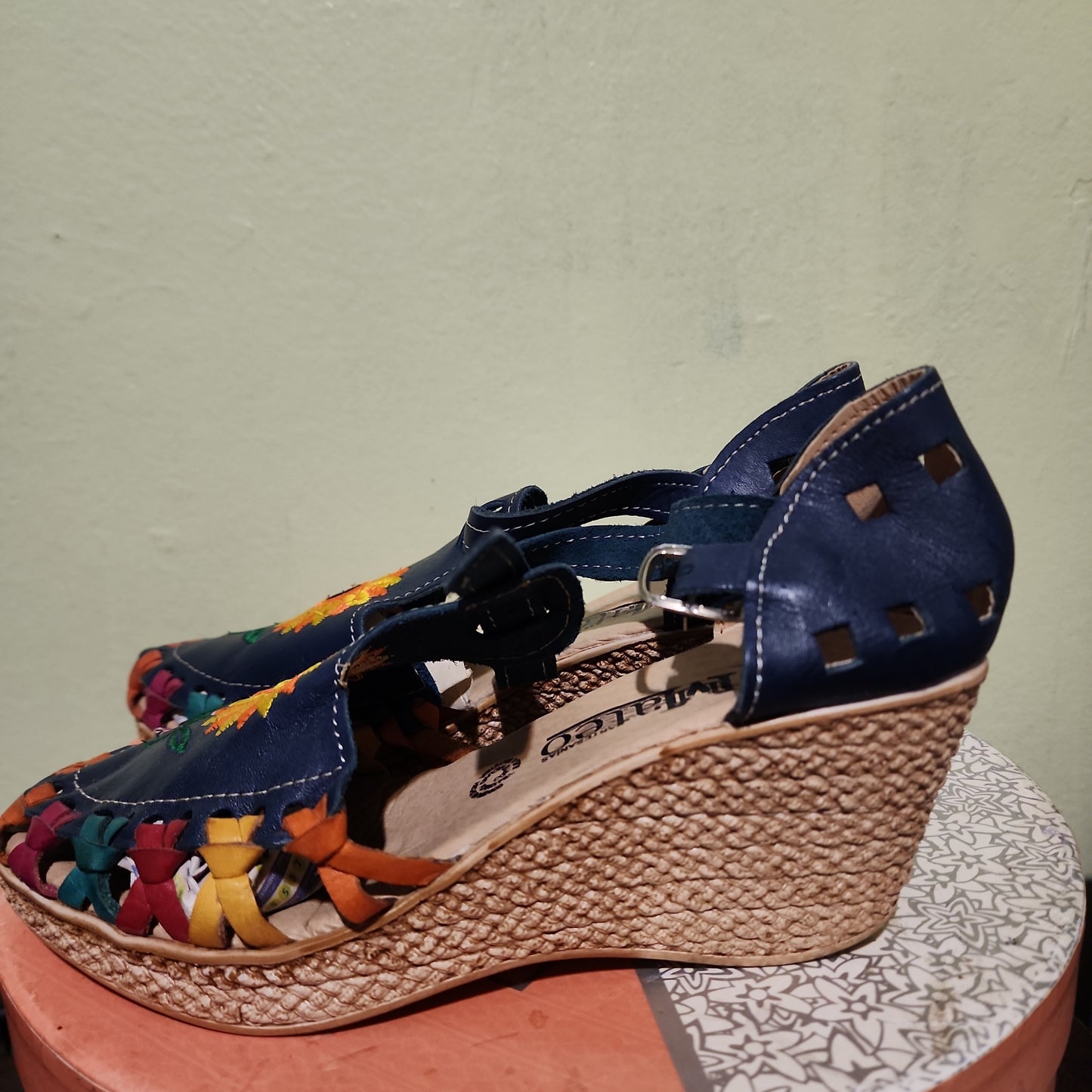 Leather Embroidered Wedges