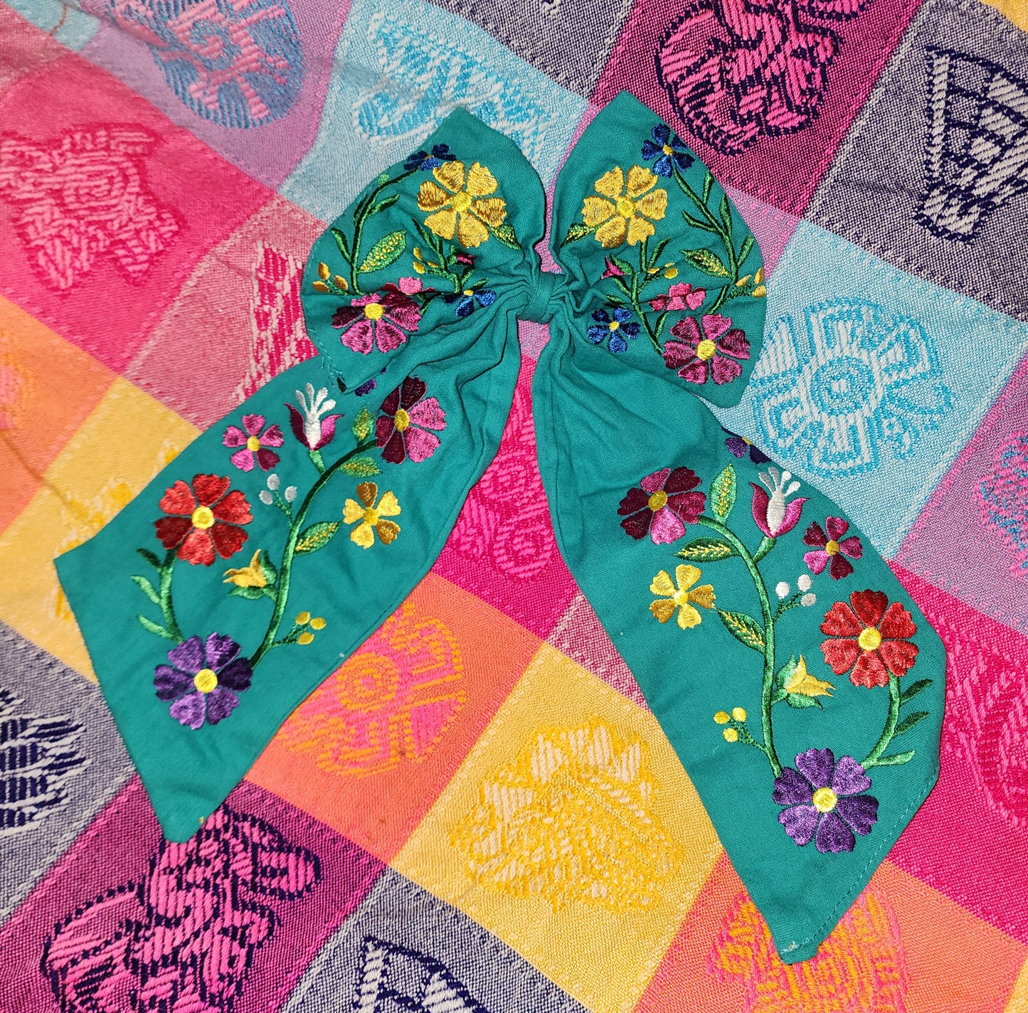 Teal Embroidered Floral Bow