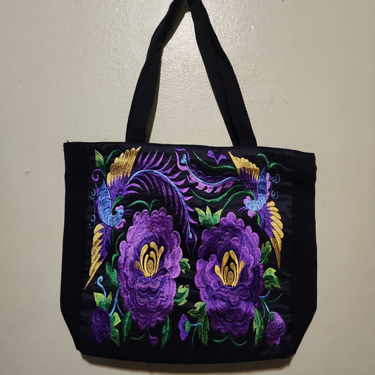 XL Purple & Black Floral Embroidered Hand Bag