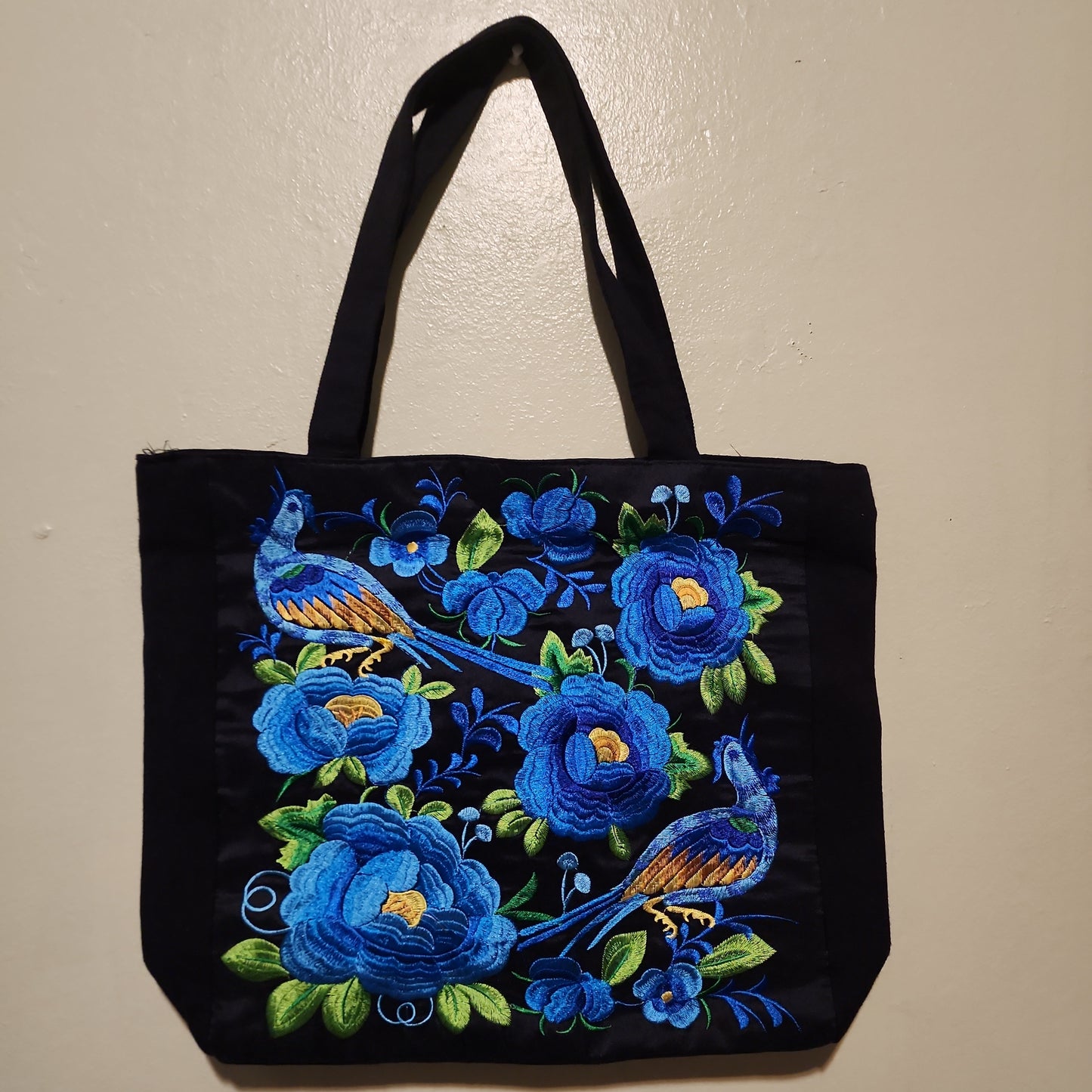 XL Blue & Black Floral Embroidered Hand Bag