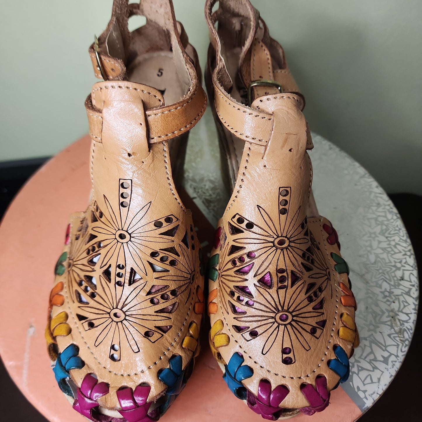 Leather Embroidered Wedges