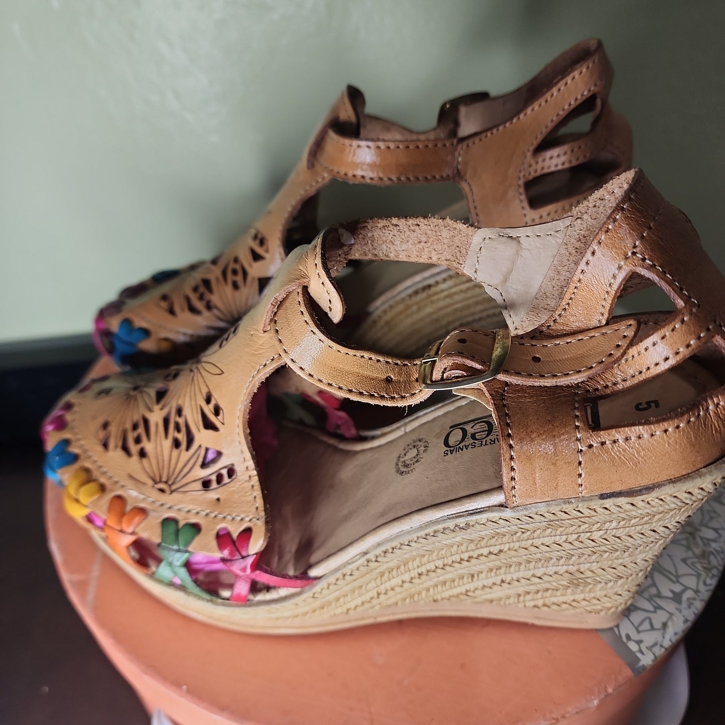 Leather Embroidered Wedges