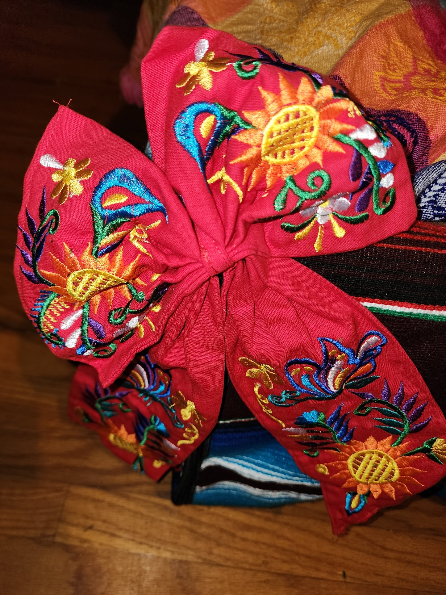 Large Red Floral Embroidered Bow