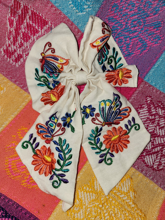 White Floral Embroidered Bow