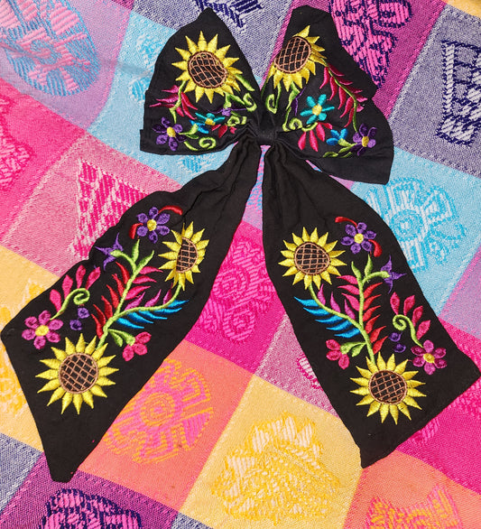 Large Black Floral Embroidered Bow